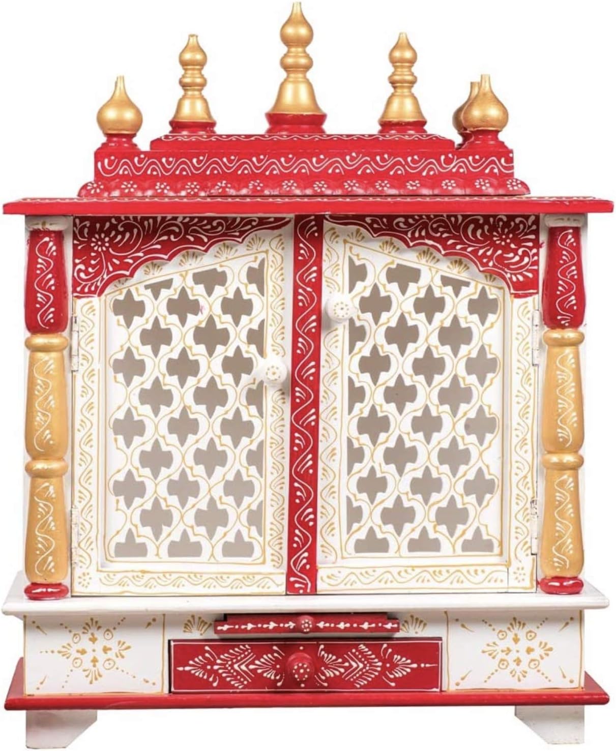 TAM Creatio Wooden Pooja Mandir |Indian| |Hindu| |Decoration| |Puja| |Cabinet| |Temple| |Bhagwan| |Stand| |Mandapam| |Wall| |Hanging| Decor for Home in USA (White Red)