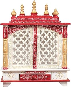 TAM Creatio Wooden Pooja Mandir |Indian| |Hindu| |Decoration| |Puja| |Cabinet| |Temple| |Bhagwan| |Stand| |Mandapam| |Wall| |Hanging| Decor for Home in USA (White Red)