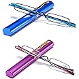 Viseng 2 pairs Slim Mini Metal Reading Glasses Compact Lightweight Portable Readers with Glasses Case for Reading Case +1.5 (Blue/Purple)