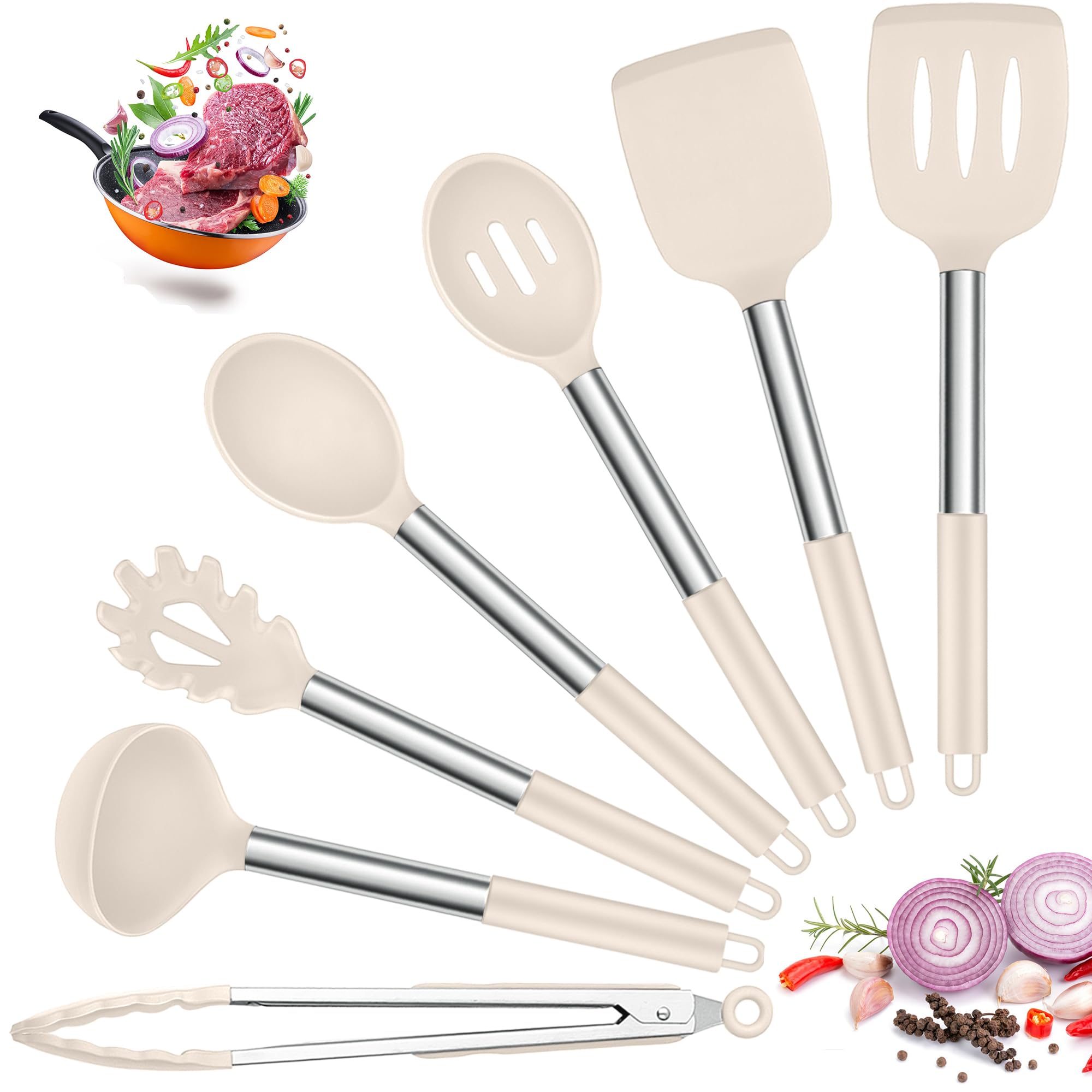 Joyfair Kitchen Utensils Set, 7 Pcs Silicone Cooking Utensils with Stainless Steel Handle, Non Scratch Cooking Tools Spatula Tongs Spoon for Non Stick Cookware, Heat Resistant & Dishwasher Safe, Khaki