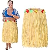 Mepase Plus Size Hula Skirt for Adults Women Simulation Raffia Grass with Flowers 54" x 30" Adjustable Hawaiian Skirt