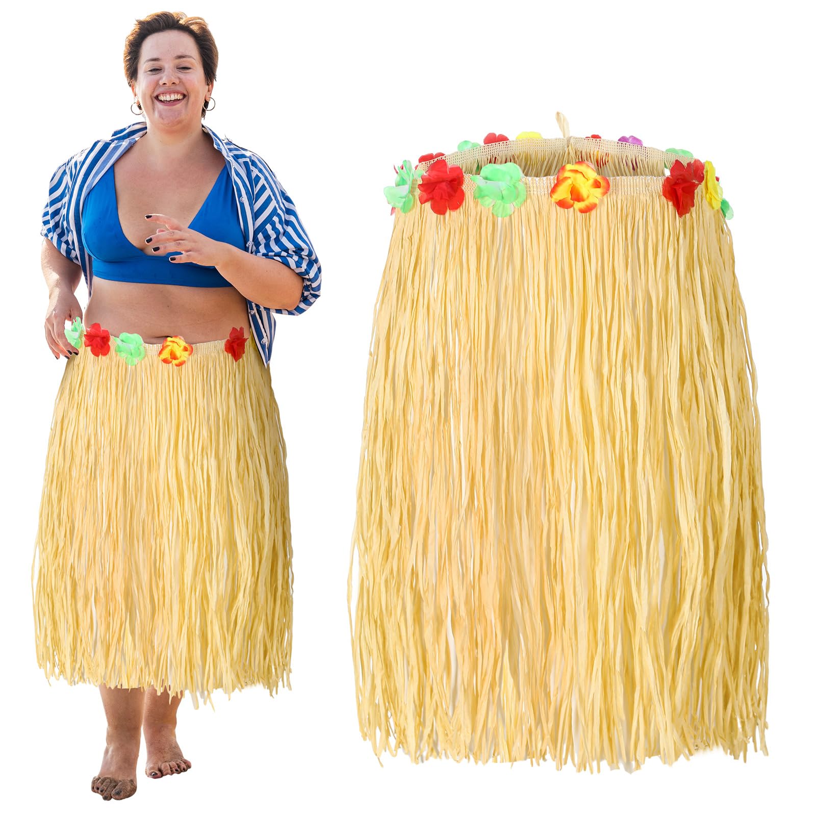 Photo 1 of Mepase Plus Size Hula Skirt for Halloween Women Simulation Raffia Grass with Flowers 54" x 30" Adjustable Hawaiian Skirt(Brown,Classic)