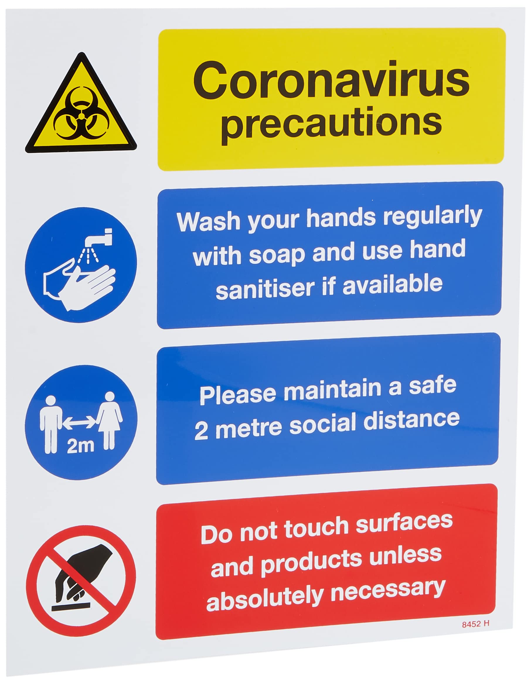 Coronavirus precautions sign - Wash hands, maintain 2 metre distance, avoid touching surfaces
