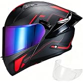 JQF Gear Modular Motorcycle Helmet Dual Visor Flip Up Full Face Helmets SJ-809 DOT Approved for Adults Men Women (Red Mech Man, XXL)