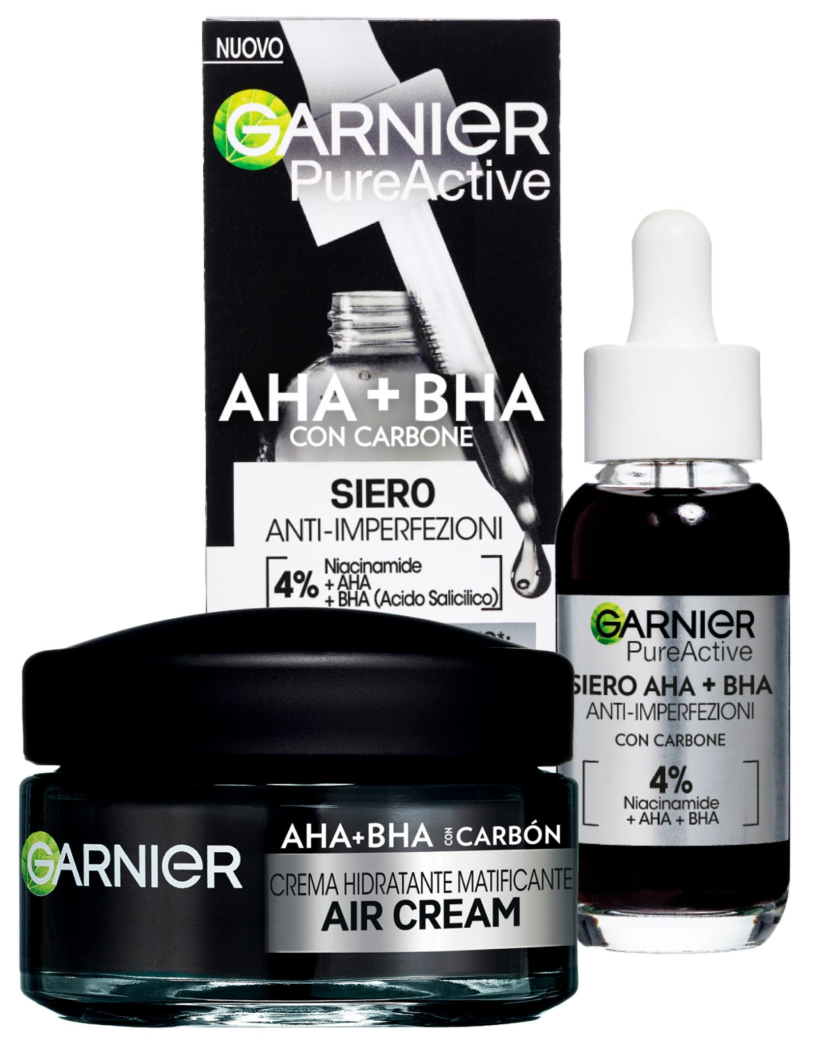Garnier Air Cream Moisturising Matifying AHA BHA Face Cream with Charcoal 50ml + Garnier PureActive Anti-Imperfection Serum with Charcoal Niacinamide AHA BHA Black Spots Treatment 30ml