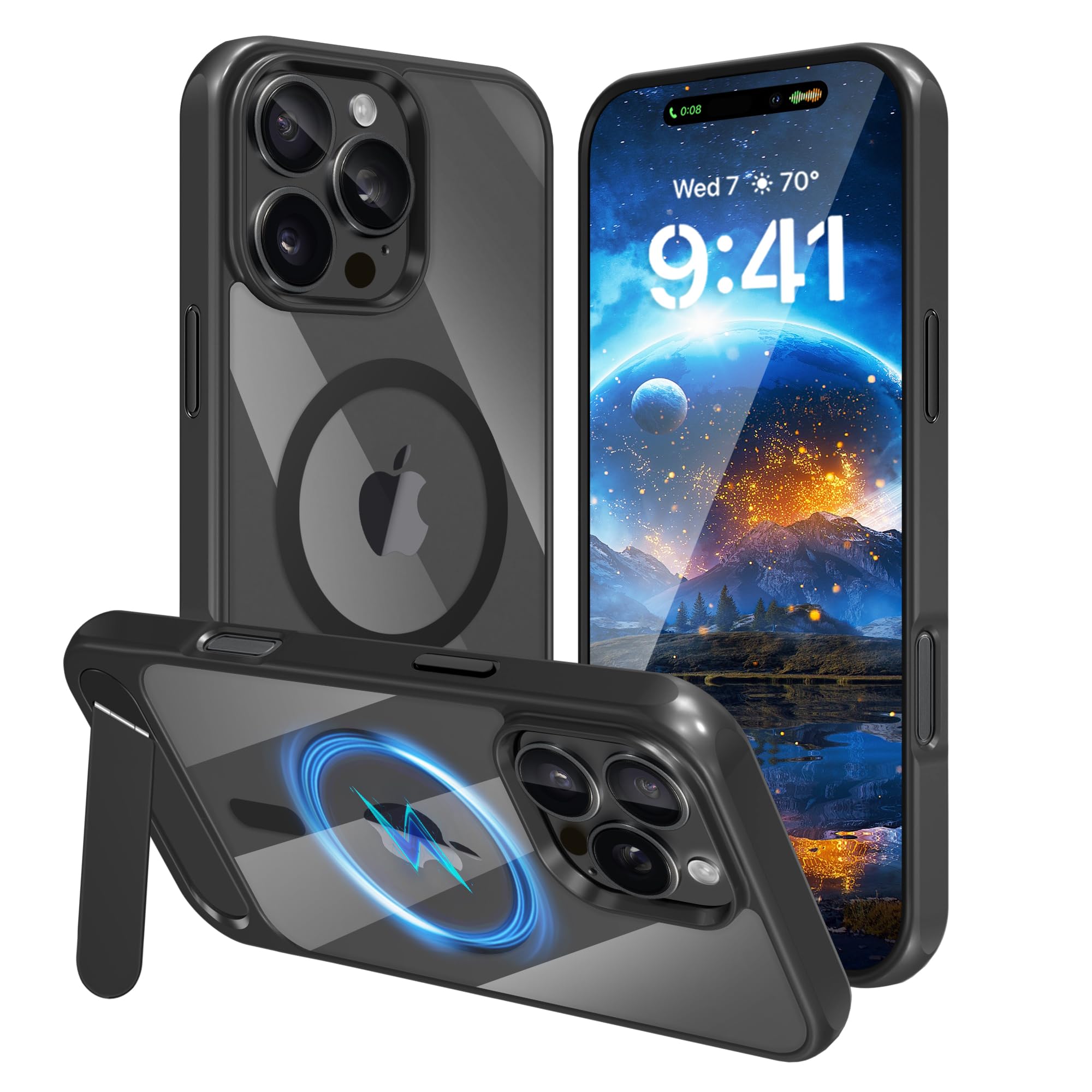 Fingic Magnetic Case for iPhone 16 Pro [Compatible with MagSafe] Slim Translucent Matte Back with 3 Modes Kickstand Military Grade Drop Protection Shockproof Cover iPhone 16 Pro Case, 6.3", Black