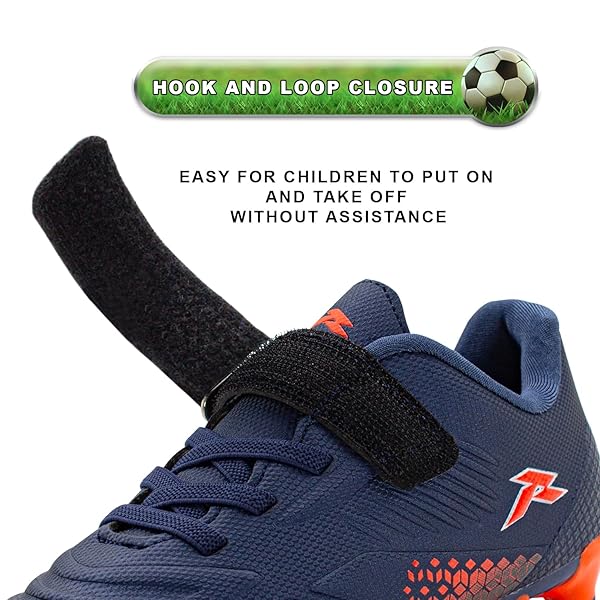 RUNIC KIDS SOCCER CLEATS FOR BOYS AND GIRLS – SMALL AND BIG KID ATHLETIC OUTDOOR FOOTBALL SHOES – FIRM GROUND – HOOK AND LOOP CLOSURE – NAVY/ORANGE – 9