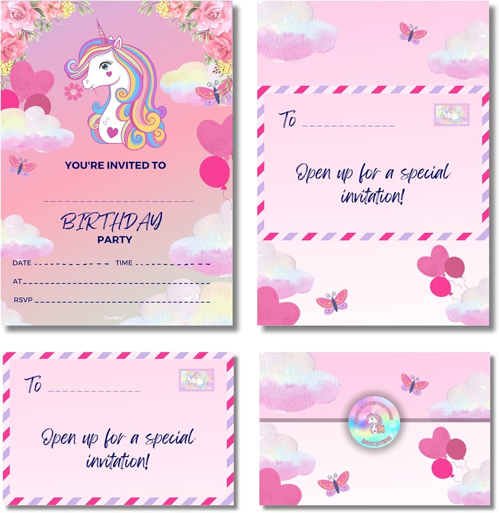 Cardlyst Unicorn Party Invitations for Kids 24-32 Pack A5 Folding Envelope