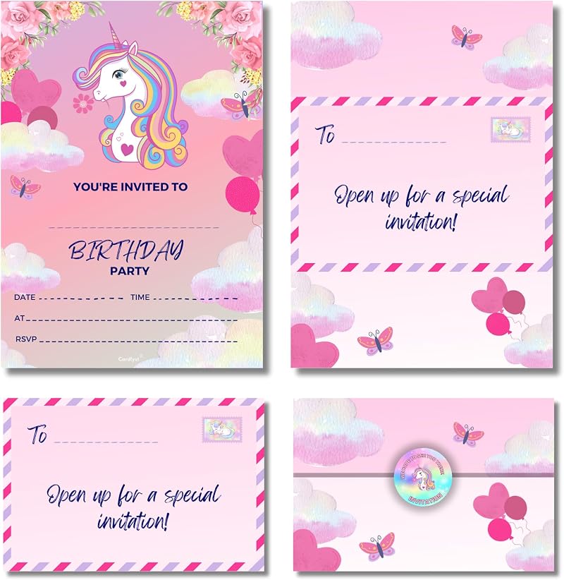 Cardlyst Unicorn Party Invitations for Kids 24-32 Pack A5 Folding Envelope