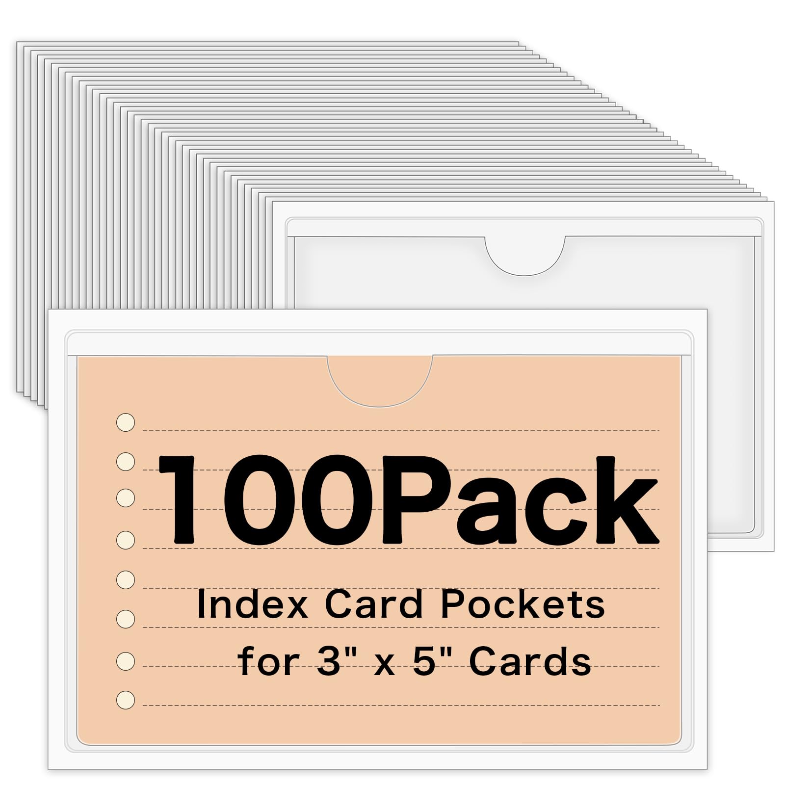 Photo 1 of 100 Pack Self-Adhesive 3" x 5" Index Card Pockets with Top Open for Loading, Clear Plastic Index Card Lables Holder for Organizing Storage Bins and Protecting Cards Photos Labels