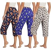 VENTELAN 3 Pack Womens Ultra-Soft Capri Pajama Pants Adjustable Waistband Sleepwear Bottoms (Available in Plus Size) S-XXXL
