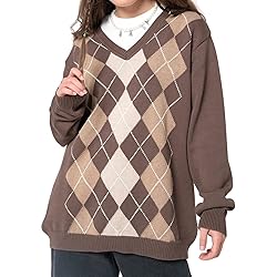 Women Y2K Argyle Striped Pullover Sweater Casual