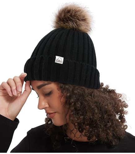 Women's Winter Mink Fur Roller Hat With 3 Fox Pom Poms & Ear Flaps - Wool Knit Lined, Warm Trapper Style