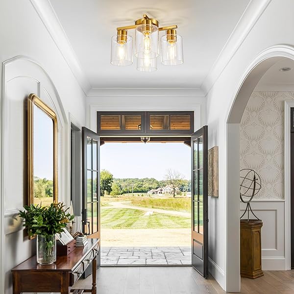 DIDUIO 4 LIGHT SEMI FLUSH MOUNT CEILING LIGHT BRUSHED GOLD KITCHEN LIGHTING FIXTURES CEILING BRASS HALLWAY CIELING LIGHTS FIXTURE WITH CLEAR GLASS SHADE FOR BEDROOM DINING ROOM