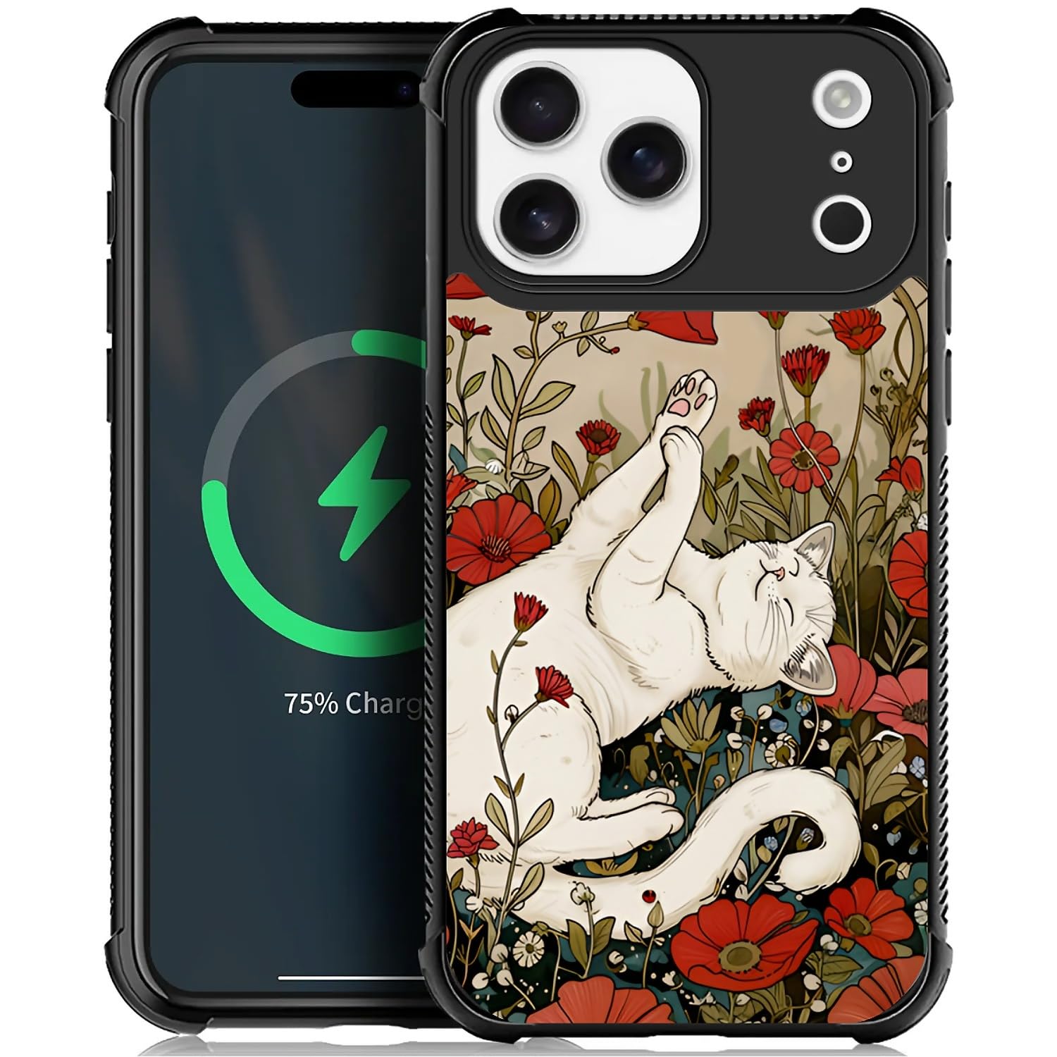 NONMY Magnetic for iPhone 17 Pro Max Case, Compatible with MagSafe, TPU Bumper and Hard PC Pattern Back Case Poppies Cat