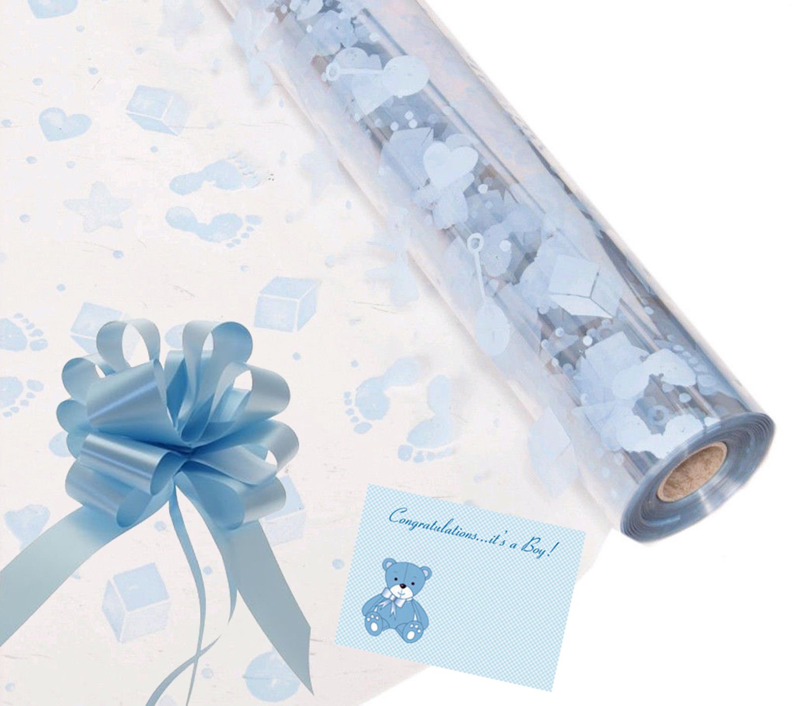 Baby Boy Cellophane Gift Wrap Hampers Florist Baby Shower + Free Pull Bow, Curling Ribbon & Card (3 Metre, Baby Blue Ribbon, Baby Blue Pull Bow)