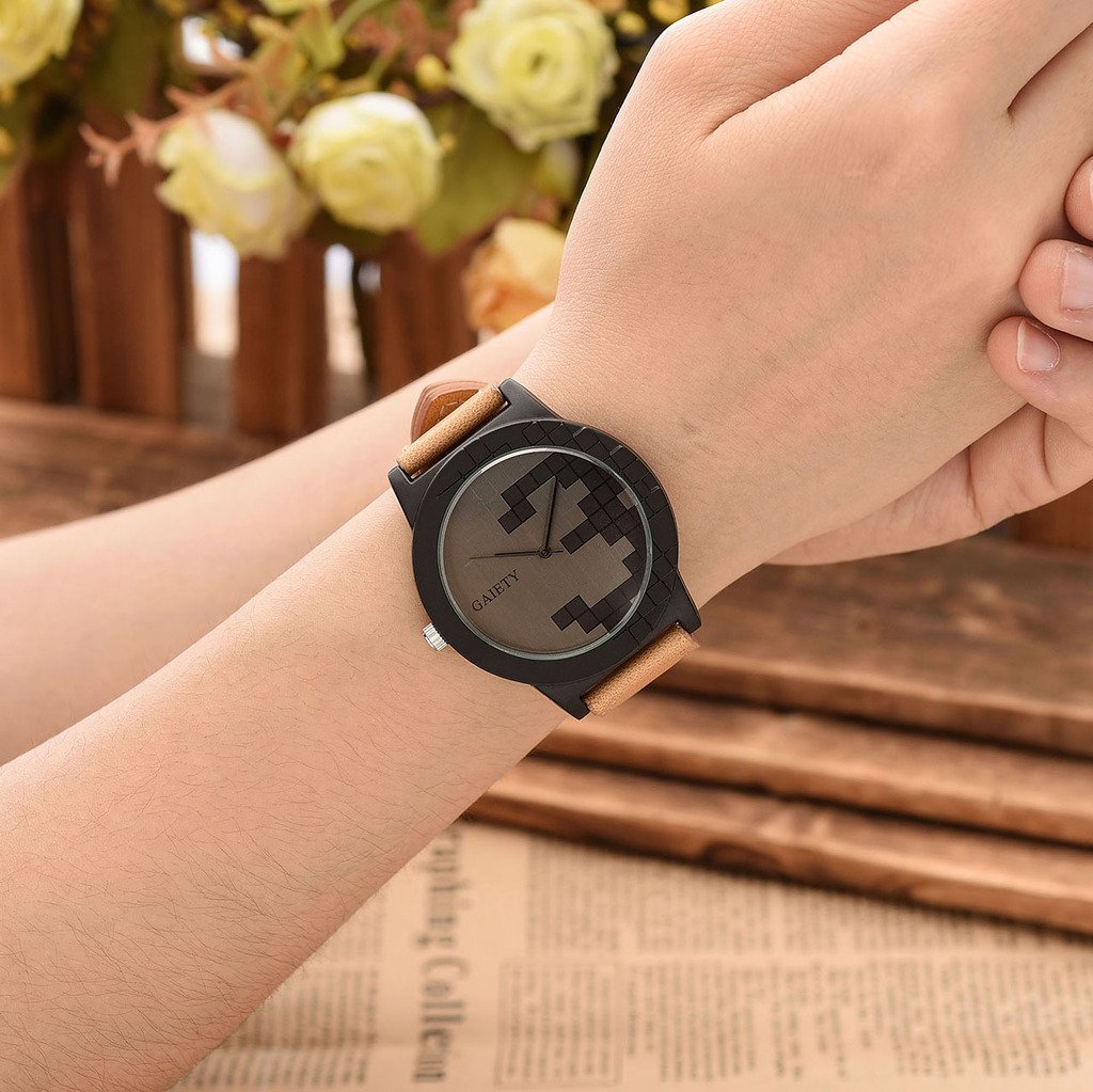 Top Plaza Men\'s 30M Waterproof Beige PU Leather Band Analog Quartz Watch, Left-Handed Crown, Cube Grains Dial