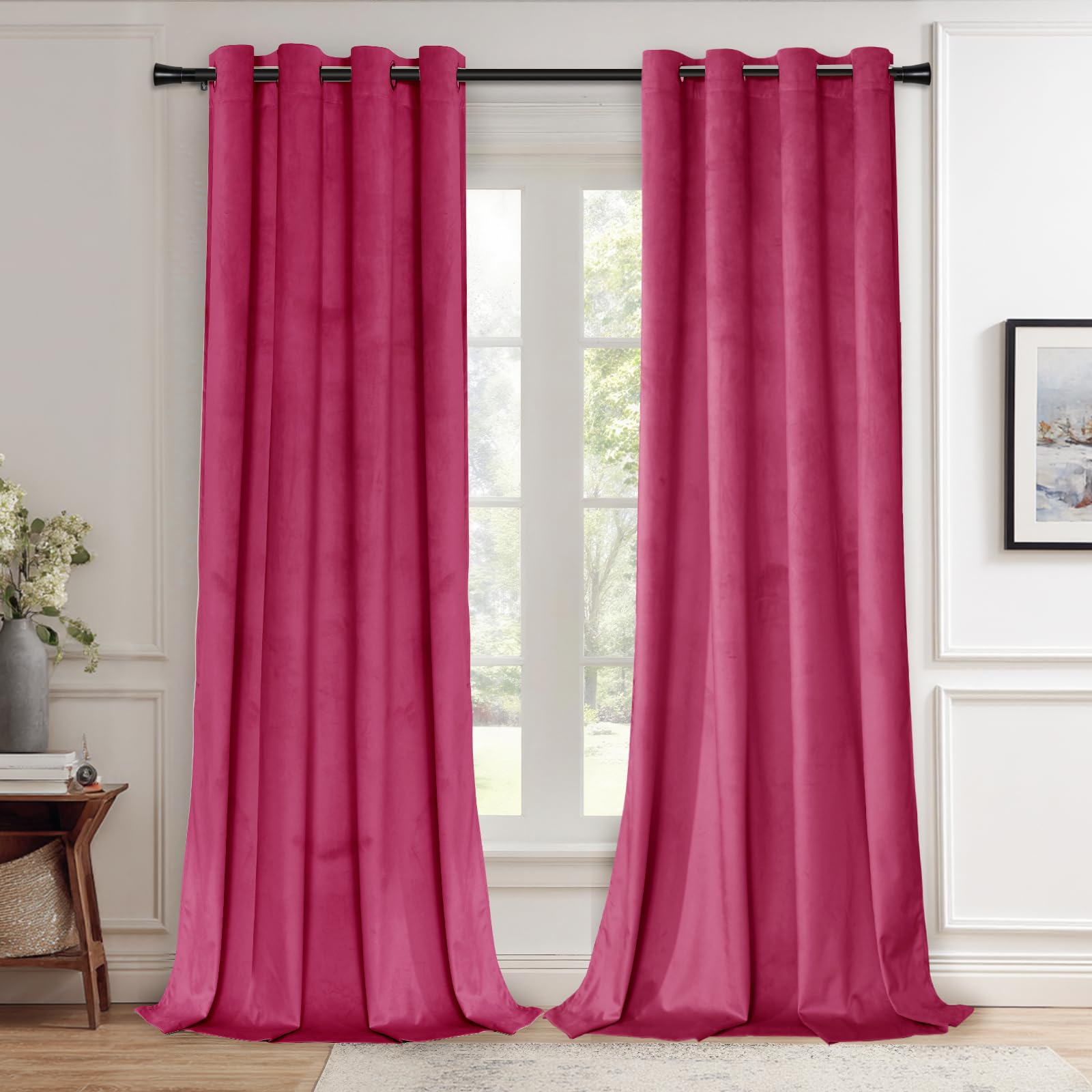 JIUZHEN Velvet Blackout Curtains for Bedroom - Elegant Thermal Insulated Room Darkening Privacy Grommet Super Soft Velvet Drapes for Living Room, Set of 2 with Tiebacks, 52W x 108L,Berry Image