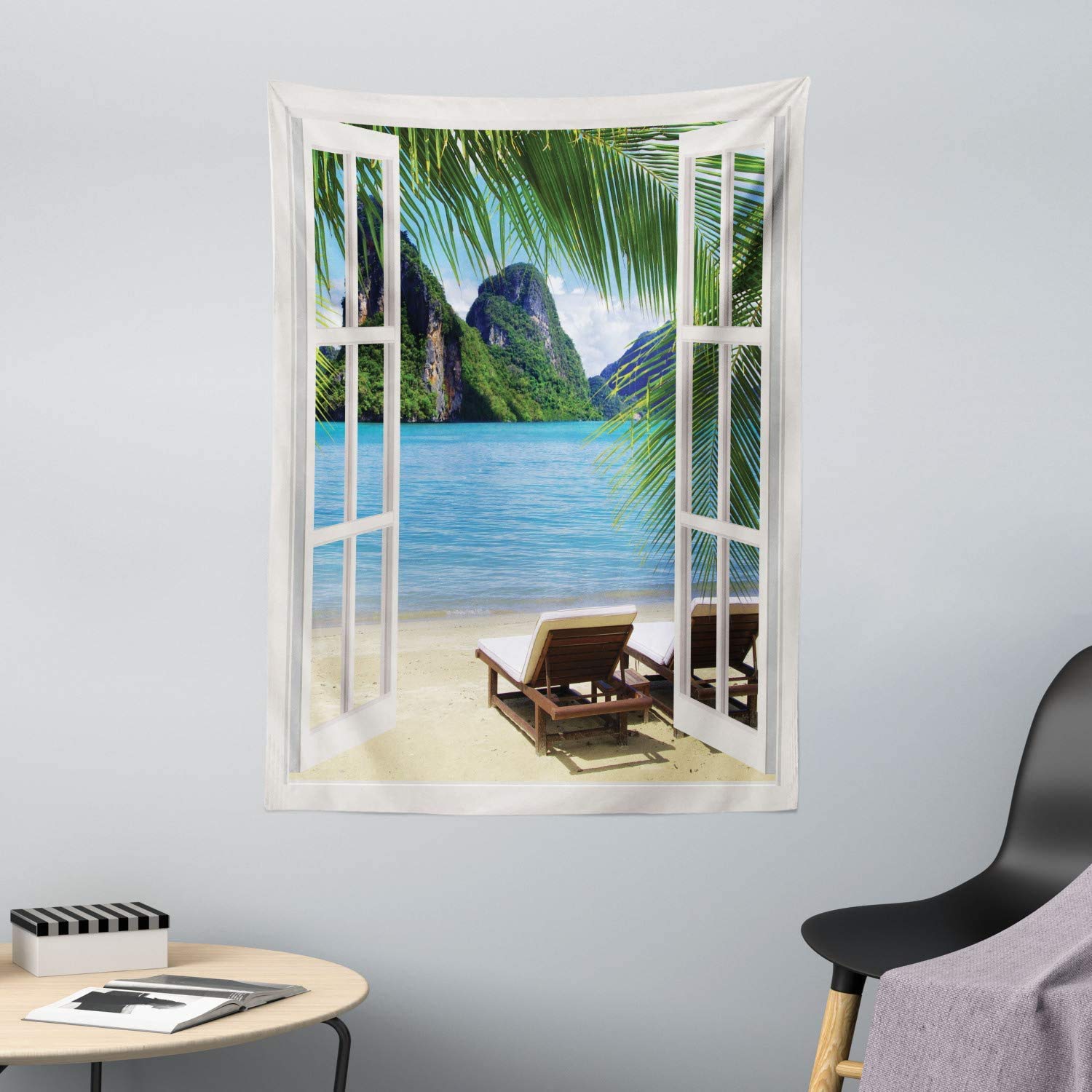 ABAKUHAUS Nautical Home Tapestry, Ocean Beach Seascape Sunbeds Balcony Summer Picture Tropical Island, Fabric Wall Hanging Decor for Bedroom Living Room Dorm, 43 W X 58 L, Blue Green and White