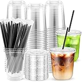 50PCS 12 oz Round Bottom Plastic Cups with Lids and Black Straws, Clear To Go Iced Coffee Smoothie Juice Cups, Disposable Cold Drink Bubble Tea Party Cups for Catering, Christmas, Birthdays, Takeout