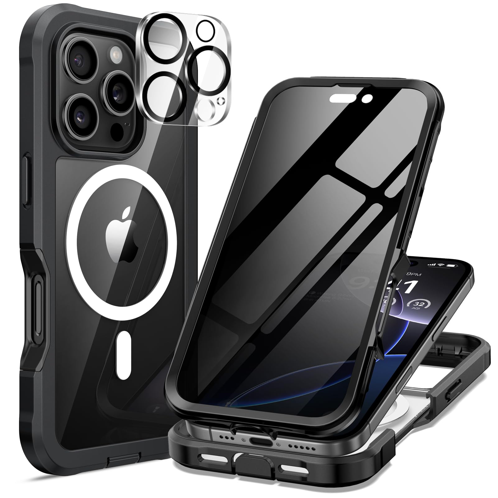 Photo 1 of seacosmo for iPhone 16 Pro Max Case, Full Body Bumper with Built-in 9H Tempered Glass Privacy Screen Protector and Camera Lens Protector, Compatible with MagSafe, Shockproof Phone Cover, 6.9", Black