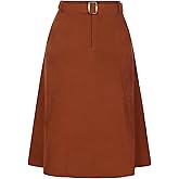 Allegra K Women's High Waist Elastic Back A-Line Belted Winter Fall Midi Corduroy Skirt