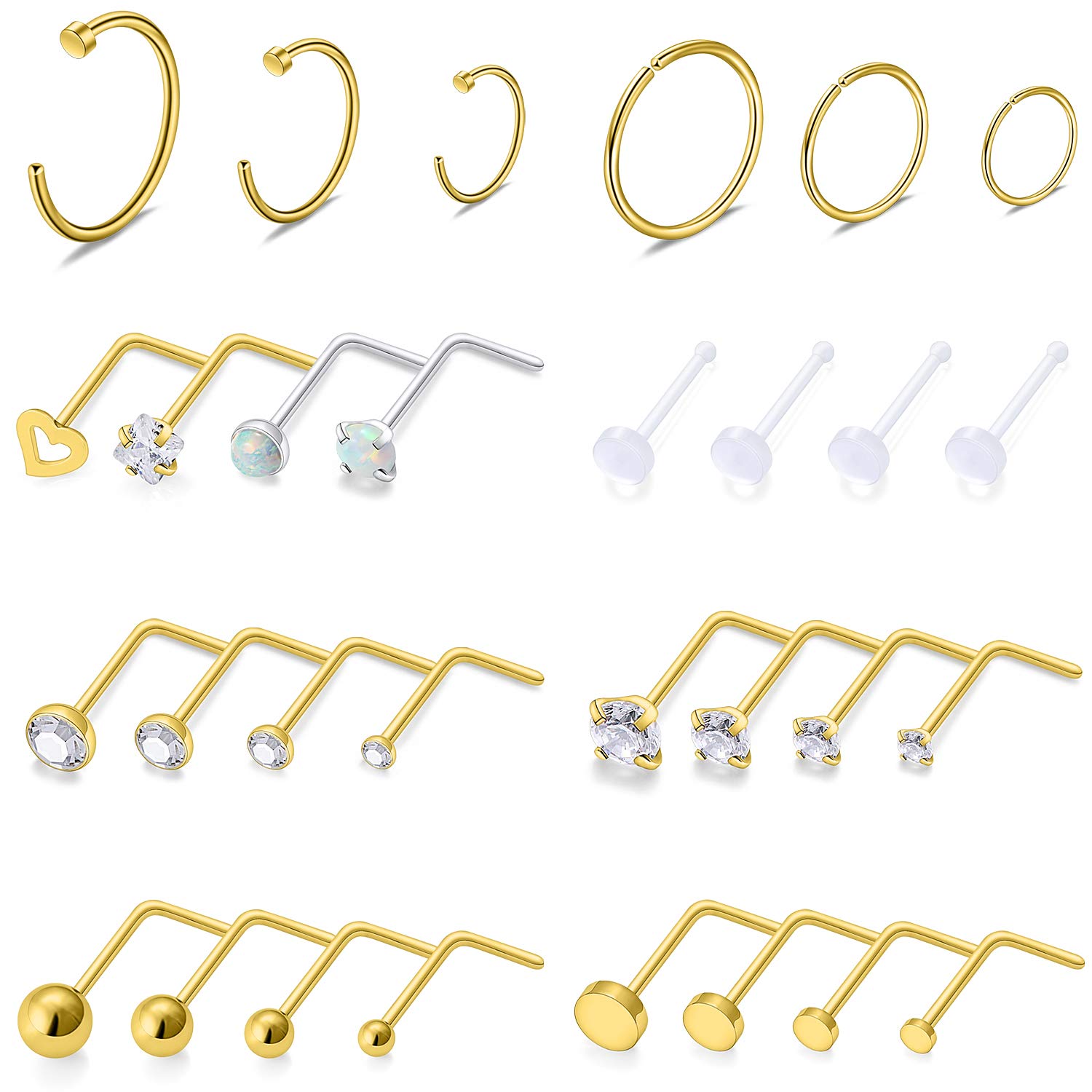 SCERRING 18G Stainless Steel L-Shaped Nose Stud Rings Tragus Lip Hoop Piercing Jewelry 1.5-3mm Clear CZ 8-30PCS, Metal Crystal Created Opal Acrylic, cubic-zirconia