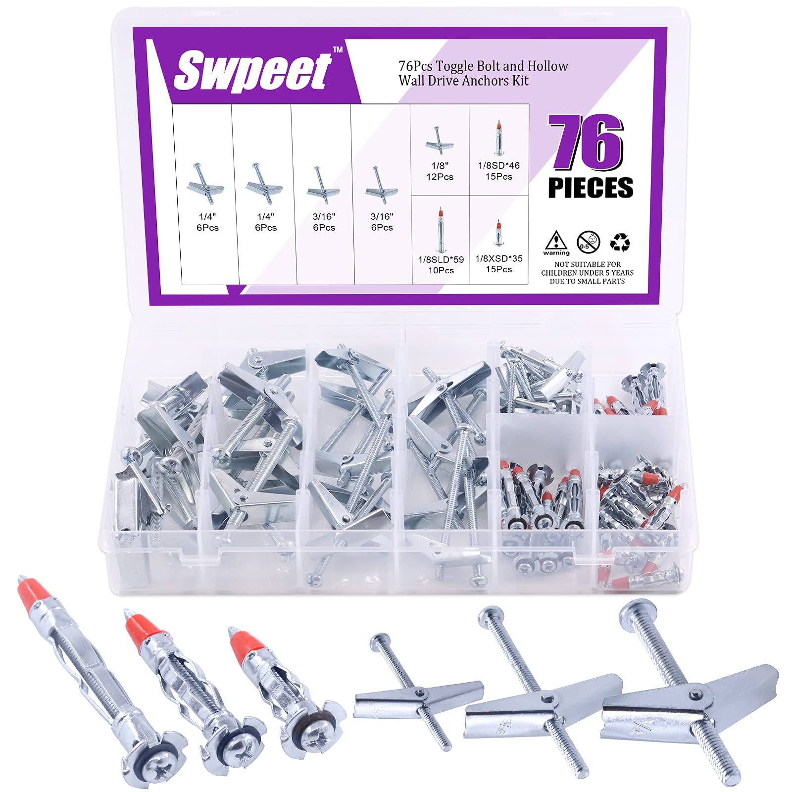 Swpeet S1566 76Pcs Toggle Bolt and Wing Nut with 1/8 Inch Hollow Wall Drive Anchor Molly Bolt Drive Anchor Kit for Hanging Heavy Items on Drywall - 1/8 Inch, 3/16Inch, 1/4Inch