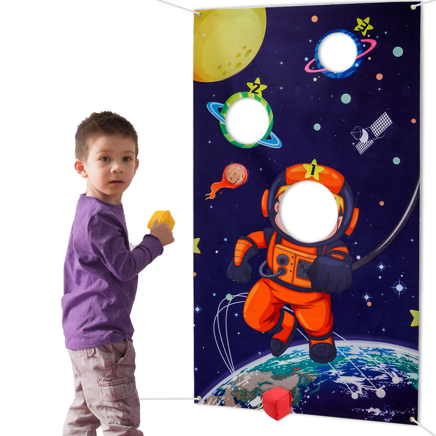 Howaf Solar System Toss Game Set With 3 Large Bean Bags - Astronaut Outer Space Theme for Kids - Indoor Outdoor Throwing Activity for Birthday, Carnival Party Favor and Decoration Supplies