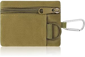 AdiStylinno Small Coin Purse, Unisex Portable Nylon Zip Coin Pouch, Mini Tactical Keychain Pouch Change Purse with Carabiner (Khaki)
