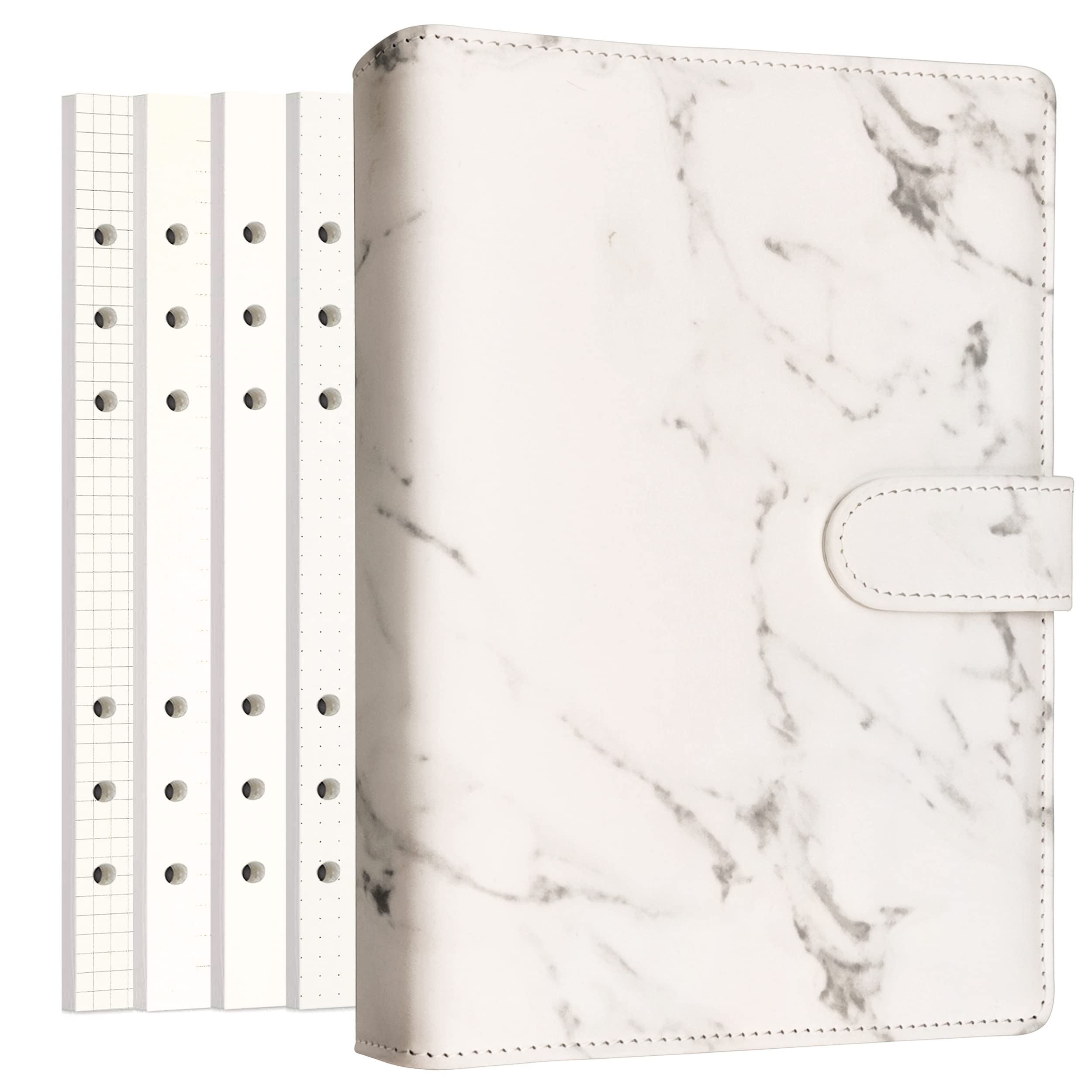 Zelten PU Leather Personal Notebook Planner with 80 Pages Loose-Leaf Papers 6 Holes Ring Binder Pen Holder Magnetic Buckle (White Marble,A5 Mini)