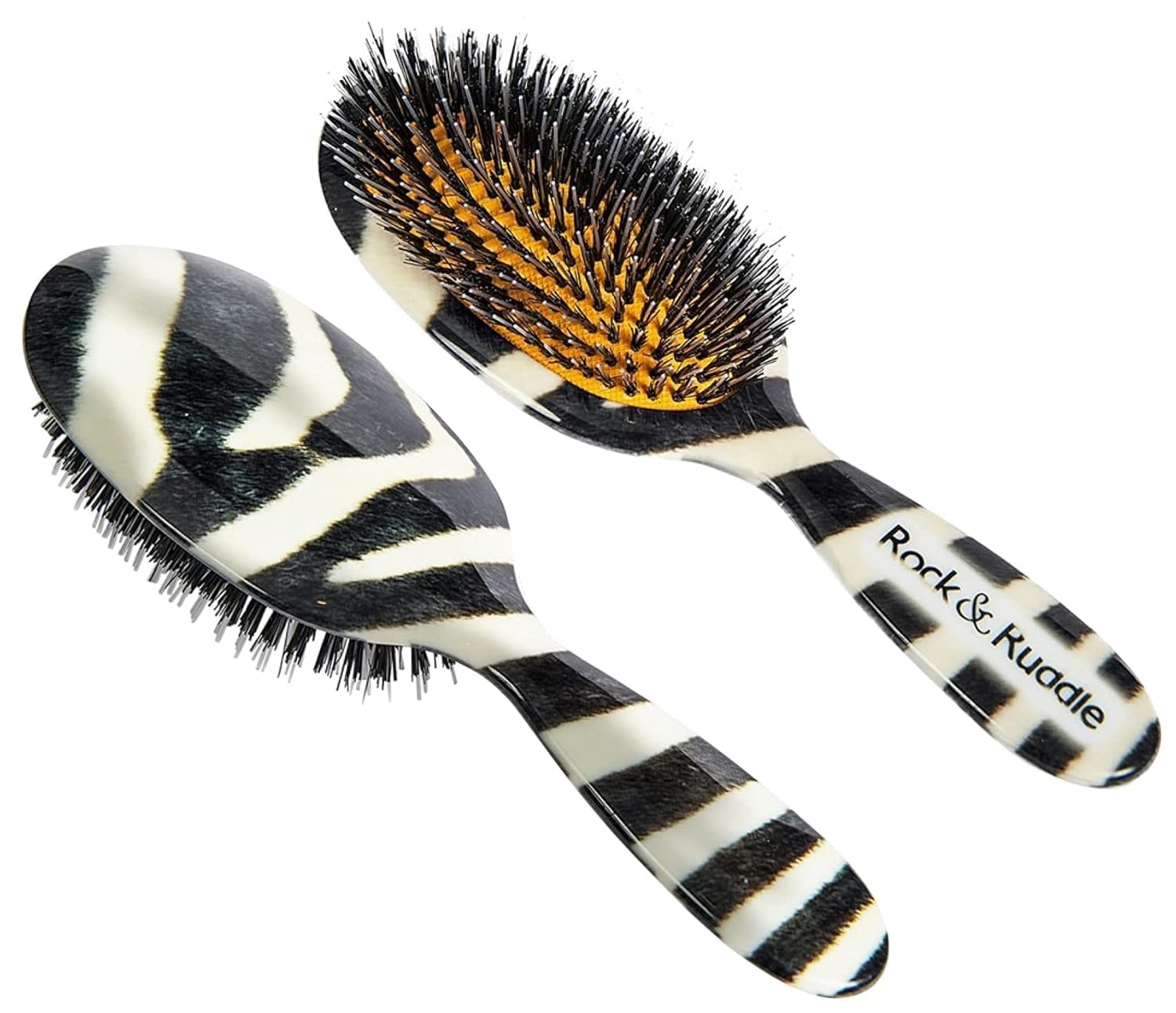 Rock & Ruddle Natural Boar Bristle Hair Brush for Women and Children. Wet or Dry Hair Detangling, Smoothing and Blowdrying. Bring out a Healthy Shine. Zebra Print Design, (Small/Travel Size, 17.5cm)