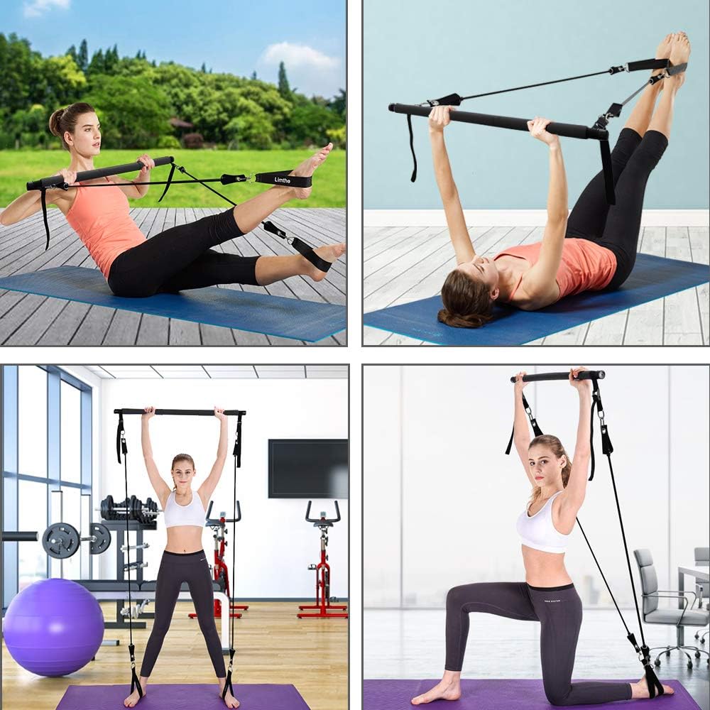 Limthe Pilates Bar Kit with Resistance Bands(30&50lbs), Adjustable for Different Height, Compact&Protable 3-Section Exercise Sticks, Stretching Exercise Bar for Home Workout-Yoga, Muscle Toning(Black) : Sports & Outdoors