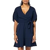 DKNY Womens Tulip Sleeve Scuba Crepe Faux Wrap Dress