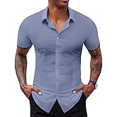 Lion Nardo Stretch Dress Shirts for Men Short Sleeve Slim Fit Casual Button Down Shirts Muscle Fit Men's Dress Shirts
