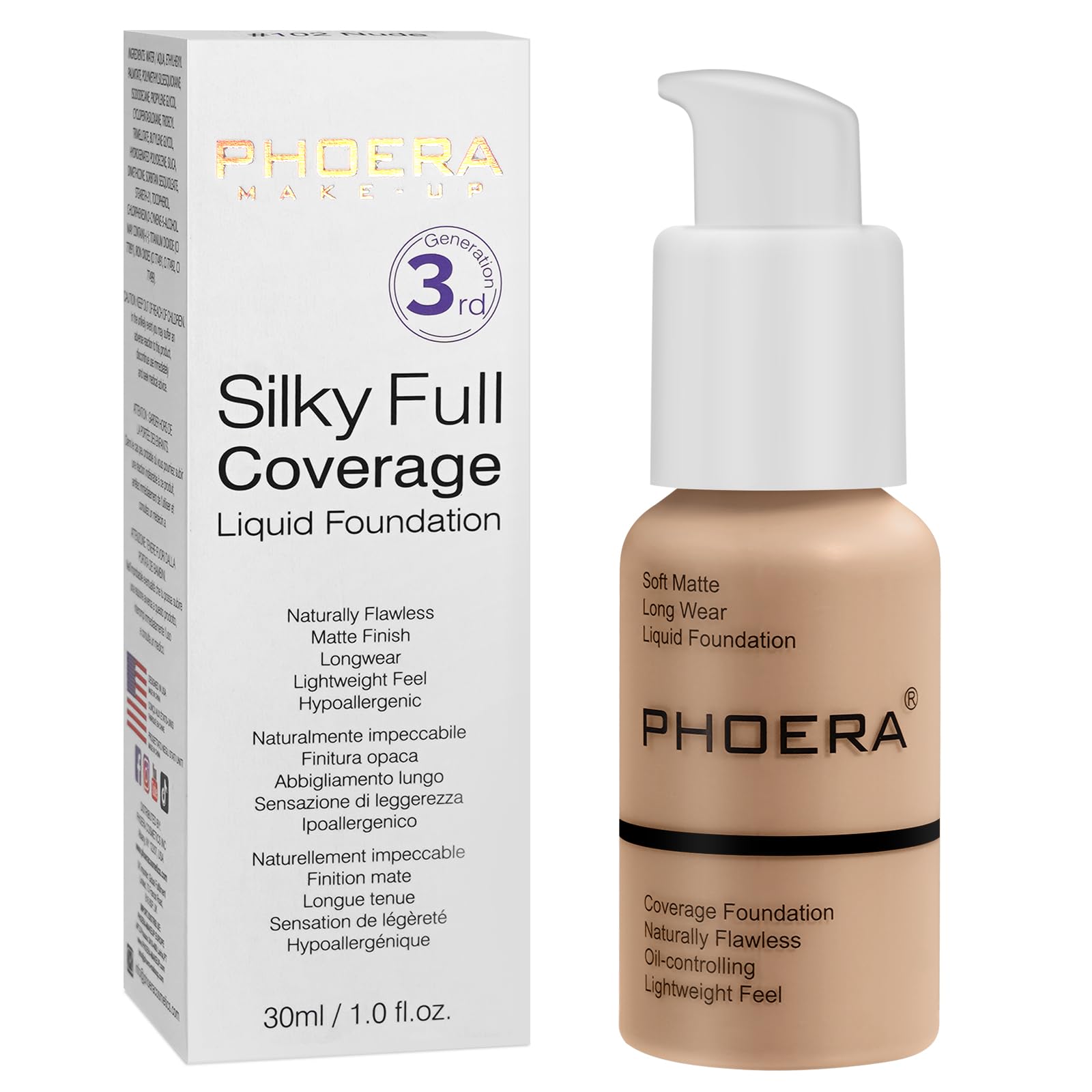 PHOERA Matte Liquid Foundation, Full Coverage Concealer, 30ml 24HR Oil Control Makeup for Women (104- Buff Beige) — image 1