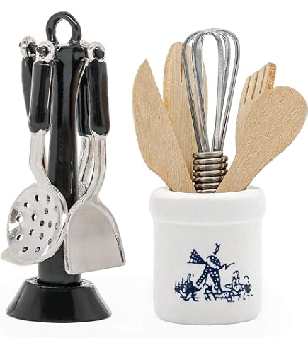 Melody Jane Dollhouse Black Hanging Utensil Set & Rack - 1:12 Scale Miniature Kitchen Accessory