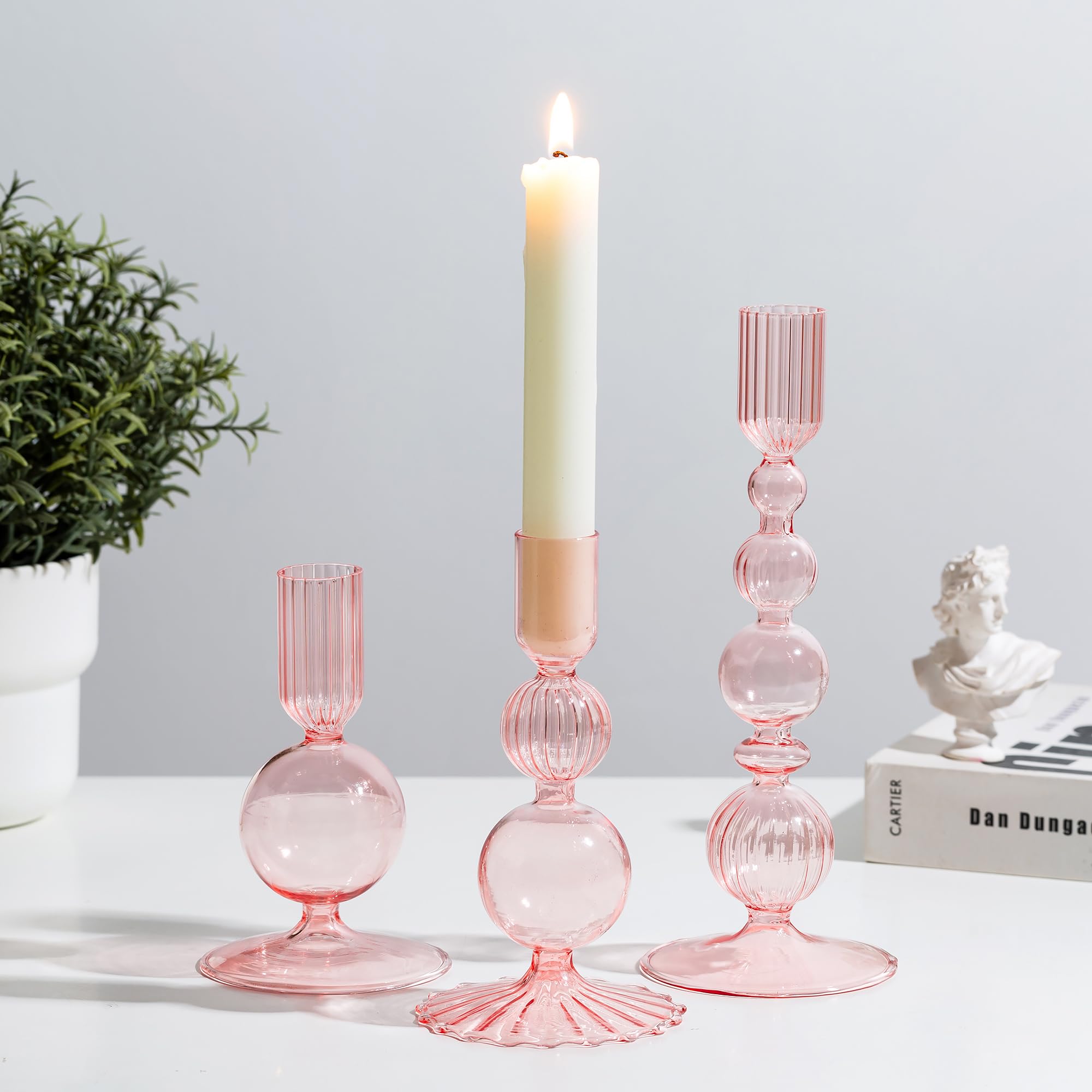 Glasseam Pink Glass Candlestick Holders: Set of 3 Candle Sticks Holder Coloured Taper Candle Holder for Home Decor Bubble Candle Holders for Candlestick Candles Christmas Table Decorations