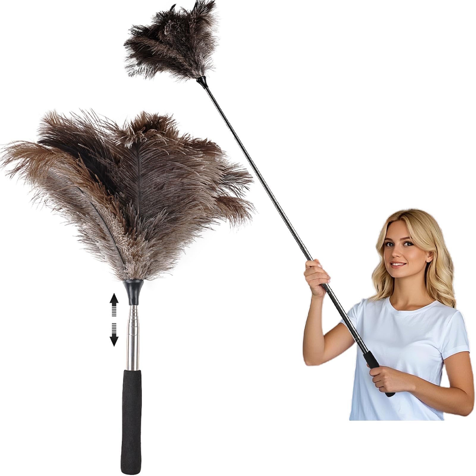 Photo 1 of THARAHT Extendable Ostrich Feather Duster up to 16-47 inches Fluffy Feathers Long Handle Reusable for Cleaning Ceiling Fan Pendant lamp High Ceiling Blinds Furniture Feather Duster
