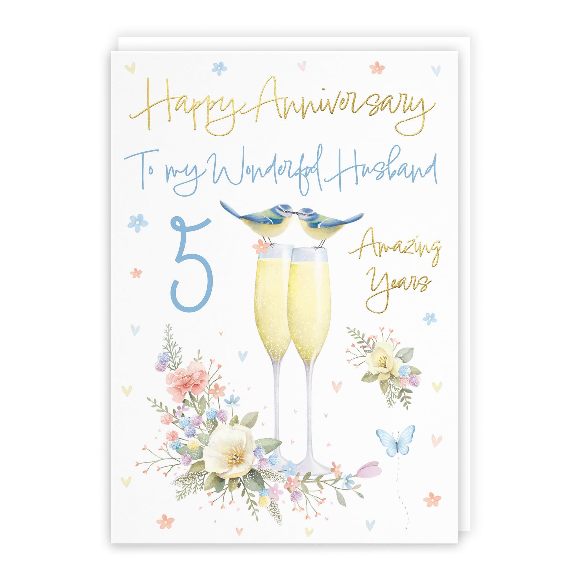 Hunts England - Husband 5th Anniversary Card - A5 Size - Champagne Flutes - Gold Foil - Luxury 5th Anniversary Card For Husband - Five Years - 5th Anniversary - Milo's Gallery