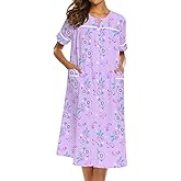 Ekouaer House Dress for Women with Pockets Button Down Duster Housecoat Short Sleeve Mumu Nightgown S-XXXL