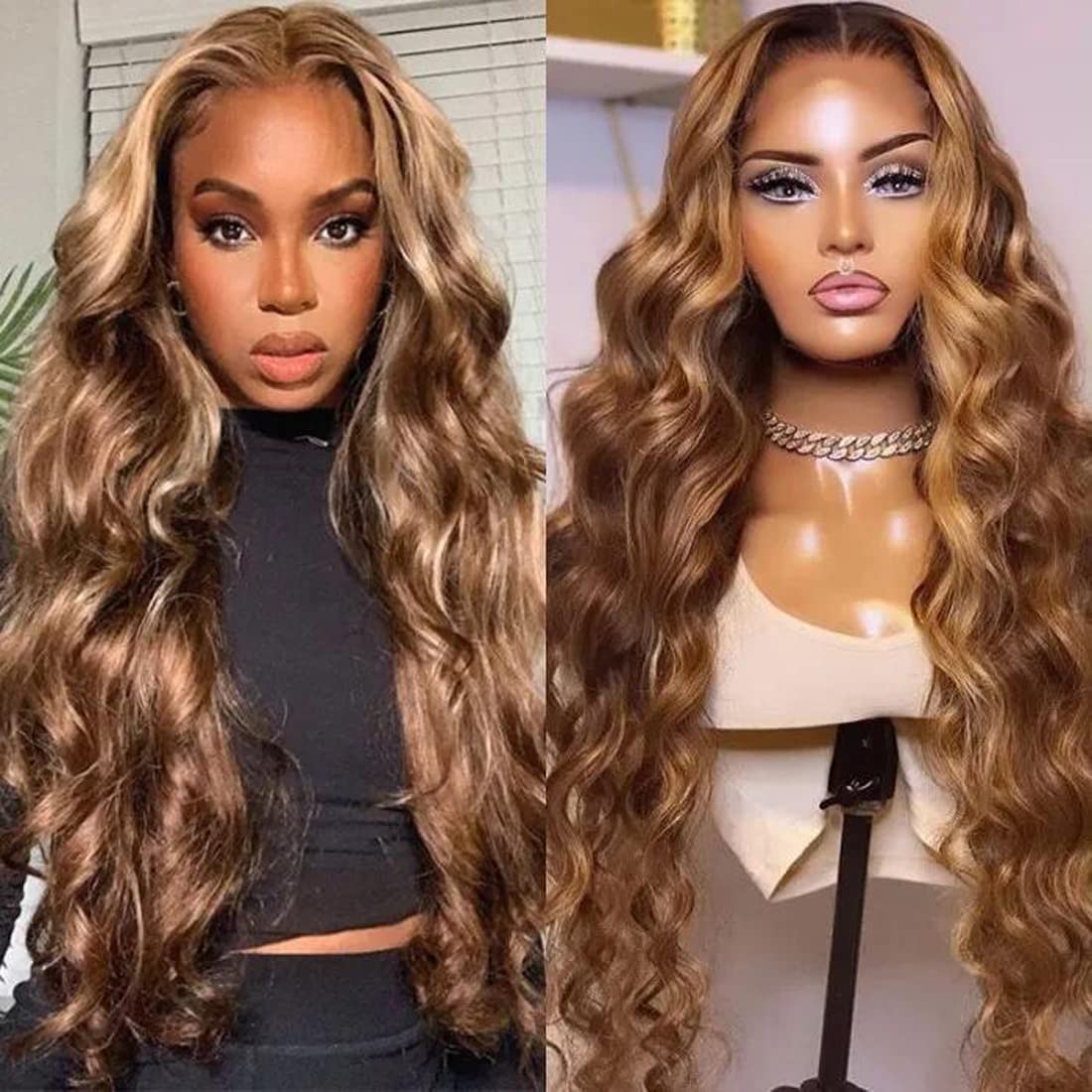 30 Inch Honey Blonde Ombre Lace Front Wig Human Hair Pre Plucked 13x4 HD Transparent 4/27 Highlight Lace Frontal Wigs with Baby Hair 180 Density Colored Body Wave Lace Front Wigs For Women