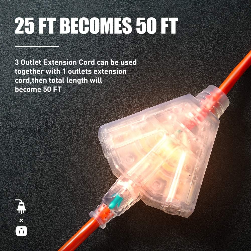 Extension Cord Outdoor 3 Prong 25 FT - 16/3 SJTW 3 Grounded Outlets Lighted Extension Cord Weatherproof Heavy Duty Flexible Extension Cable for Universal Use Household/Indoor/Outside Usage ETL Listed - - 