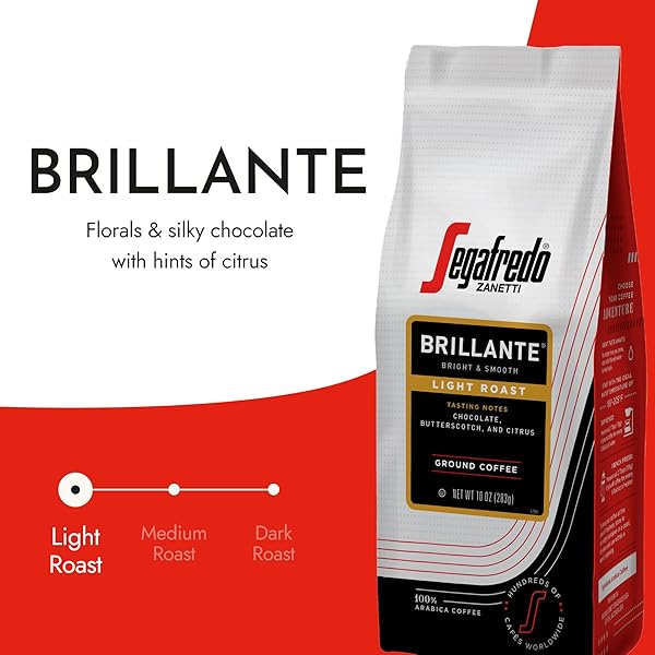 SEGAFREDO ZANETTI GROUND COFFEE – MADE WITH ARABICA COFFEE – LIGHT ROAST, SILKY SMOOTH WITH FLORAL NOTES – BLEND OF COLOMBIAN AND SUMATRAN ARABICAS – BRIGHT, MEDIUM-BODIED – BRILLANTE, 10OZ BAG