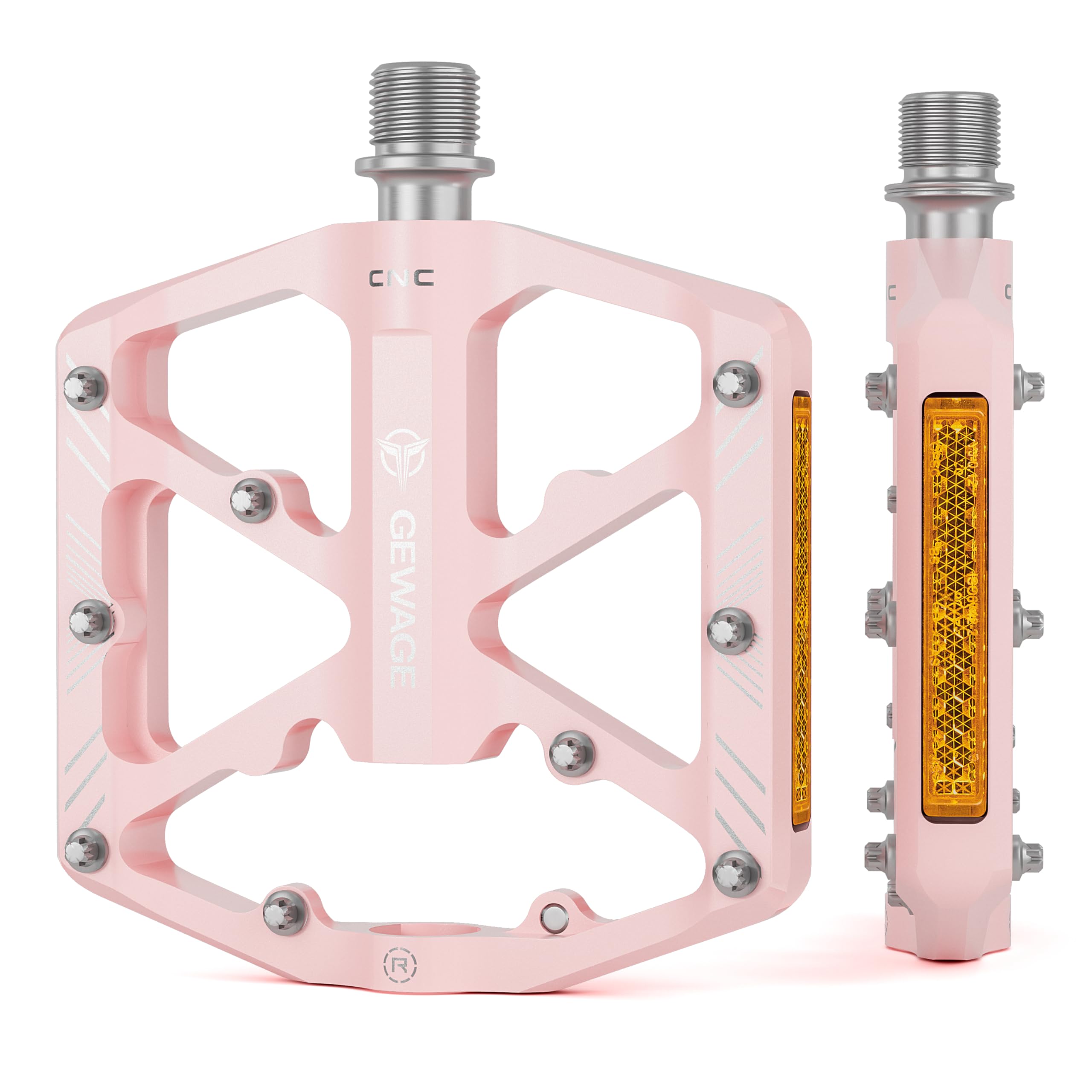 GEWAGE Bike Pedals With Reflective Strips, 3 Sealed Bearings Non-Slip CNC Aluminum Bicycle Platform 9/16" Pedals For Road Bike MTB E-Bike. (Pink) — image 1