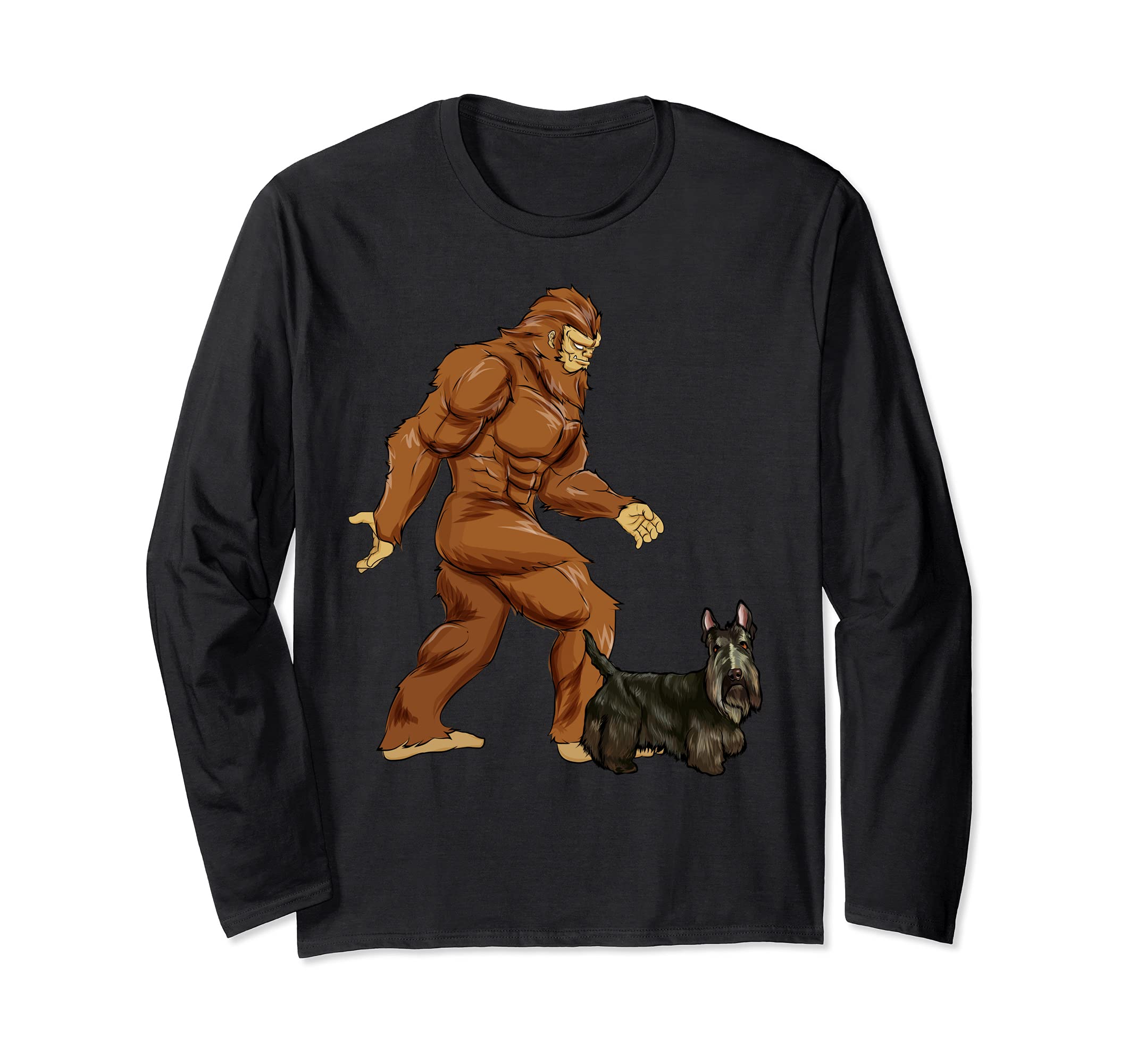 Funny Bigfoot Walking Scottish Terrier Sasquatch Dog Long Sleeve T-Shirt