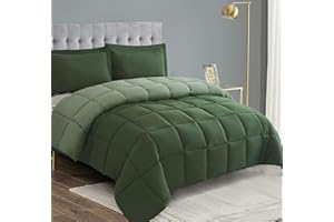HIG 3pc Green Down Alternative Comforter Set Queen Size - All Season Reversible Comforter with Two Shams - Quilted Duvet Inse