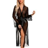 RSLOVE Lingerie for Women Sexy Long Lace Kimono Robe Mesh Chemise Lace Gown Swimsuit Cover Up