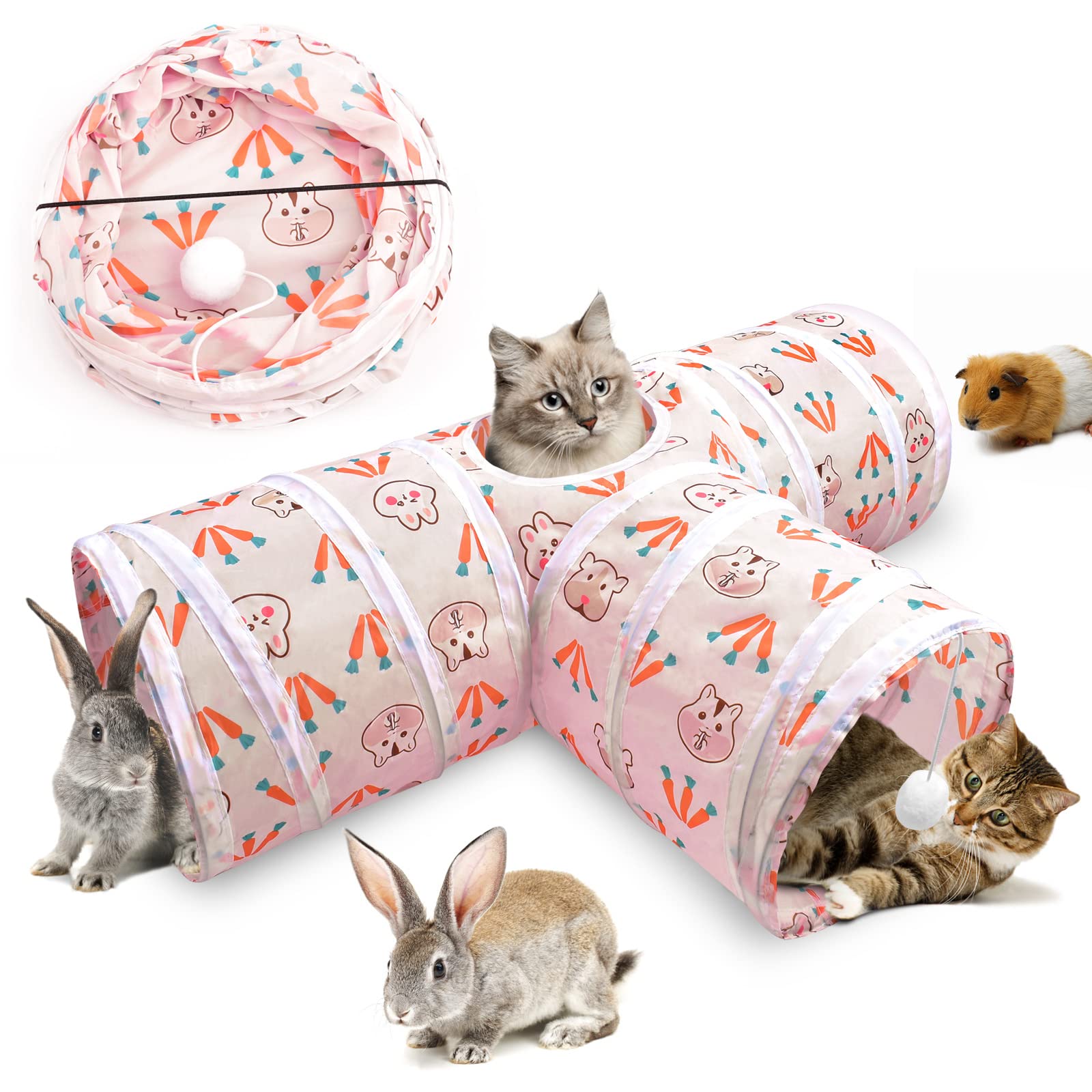 ERKOON 3-Way Rabbit Tunnel, Cat Tunnels & Tubes Collapsible, 25cm Pink Small Animal Pop-up Tunnel with Funny Pompon Maze House for Cats, Rabbits, Guinea Pigs, Hamster, Kitten, Puppy ect