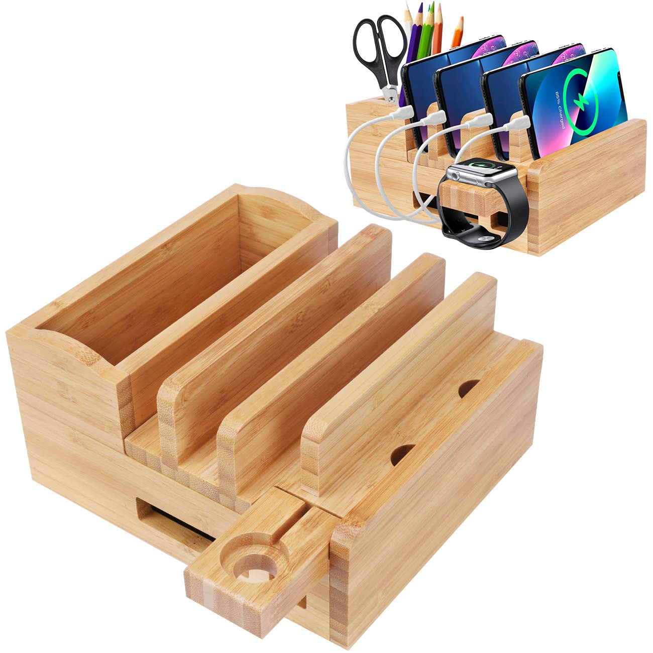 Bamboo 5-Slot Charging Dock Station Holder, Desktop Organiser for Multiple Devices Dock
